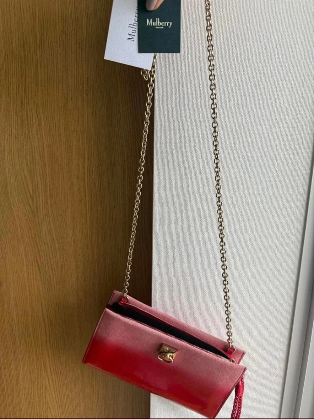 Mulberry Red Leather Shoulder Bag with Gold Chain Strap